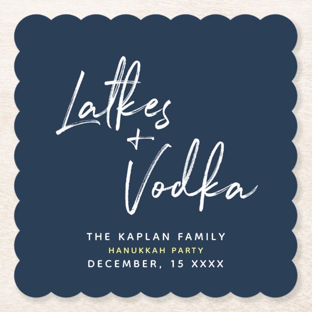 Hanukkah Script Latkes and Vodka Navy Coasters (Front)