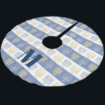 Hanukkah Silver Gold Menorah Optional Monogram Brushed Polyester Tree Skirt<br><div class="desc">Add your monogram initial to this fun silver and gold menorah pattern tree skirt in blue and white stripes for the Hanukkah bush. Monogram is easy to remove if you prefer the tree skirt without personalization. The medium blue and white stripes are a traditional colour theme for Hanukkah, usually with...</div>