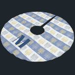 Hanukkah Silver Gold Menorah Optional Monogram Brushed Polyester Tree Skirt<br><div class="desc">Add your monogram initial to this fun silver and gold menorah pattern tree skirt in blue and white stripes for the Hanukkah bush. Monogram is easy to remove if you prefer the tree skirt without personalization. The medium blue and white stripes are a traditional colour theme for Hanukkah, usually with...</div>