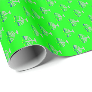 Hanukkah Silver Menorah on Lime Green Wrapping Paper