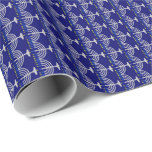 Hanukkah Silver Menorah on Navy Blue Wrapping Paper<br><div class="desc">Wrapping paper with silver menorah with blue candles and yellow candle flame pattern on a navy blue background. Customizable. Perfect for the Jewish holiday of Hanukkah (Chanukah).</div>