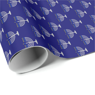 Hanukkah Silver Menorah on Navy Wrapping Paper
