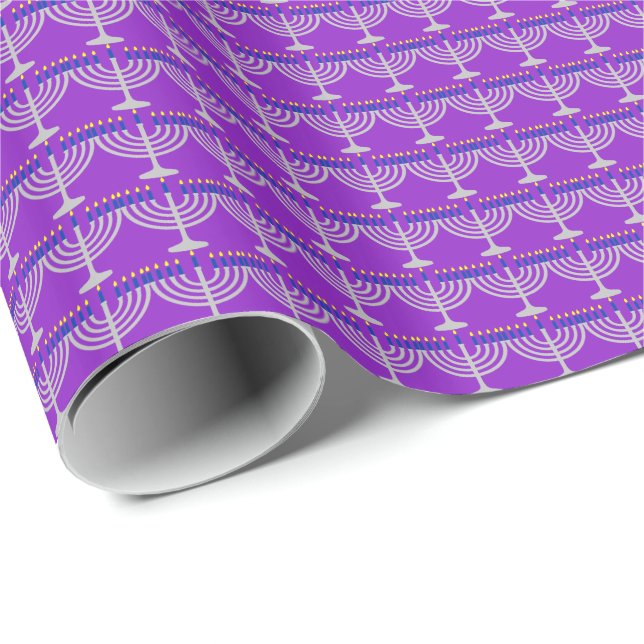 Hanukkah Silver Menorah on Purple Wrapping Paper (Roll Corner)