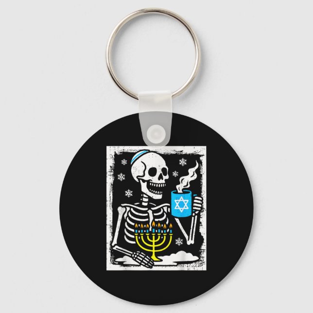 Hanukkah Skeleton Coffee Dreidel Jewish Menorah Ch Keychain (Front)