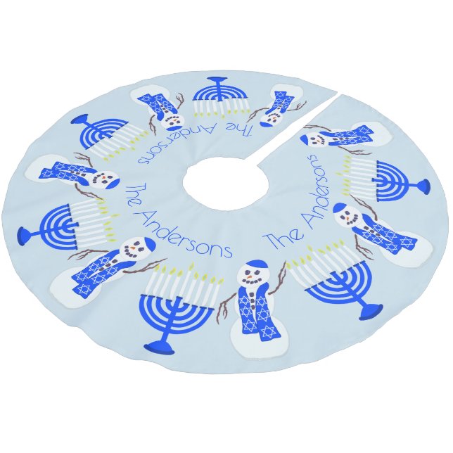 Hanukkah Snowman And Menorah Chrismukka Family Brushed Polyester Tree Skirt (Angled)