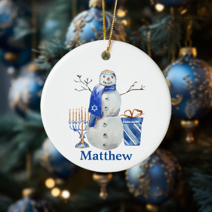 Hanukkah Snowman Blue Personalized name Menorah Ceramic Ornament