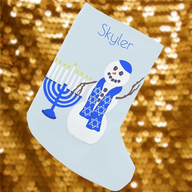 Hanukkah Snowman Chrismukkah For Kids Add A Name Small Christmas Stocking (Add this cute snowman and menorah holiday stocking to your interfaith holiday décor)