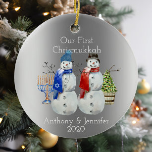 Hanukkah Snowman Christmas Our First Chrismukkah 2 Ceramic Ornament