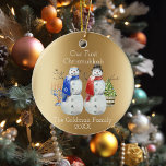 Hanukkah Snowman Christmas Our First Chrismukkah C Ceramic Ornament<br><div class="desc">This design was created though digital art. It may be personalized in the area provided or customizing by changing the photo or added your own words. Contact me at colorflowcreations@gmail.com if you with to have this design on another product. Purchase my original abstract acrylic painting for sale at www.etsy.com/shop/colorflowart. See...</div>