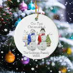 Hanukkah Snowman Christmas Our First Chrismukkah Ceramic Ornament<br><div class="desc">This design may be personalized in the area provided by changing the photo and/or text. Or it can be customized by clicking Personalize this Template and then choosing the click to customize further option and delete or change the colour of the background, add text, change the text colour or style,...</div>