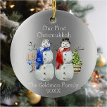 Hanukkah Snowman Christmas Our First Chrismukkah Ceramic Ornament<br><div class="desc">This design may be personalized in the area provided by changing the photo and/or text. Or it can be customized by clicking Personalize this Template and then choosing the click to customize further option and delete or change the colour of the background, add text, change the text colour or style,...</div>