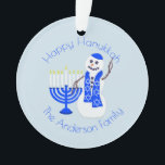 Hanukkah Snowman Menorah Chrismukkah Keepsake Ornament<br><div class="desc">Personalize one side of this Hanukkah snowman and Menorah for a one of a kind keepsake ornament. One side has a circle of text where you can customize and personalize the wording to your hearts content: add the year you were married, create a baby's first Hanukkah ornament or a personalized...</div>