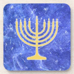 Hanukkah Snowstorm Menorah Coaster<br><div class="desc">A glowing gold Hanukkah menorah superimposed on a blue and white fractal image reminiscent of snowflakes in a storm. Chag Sameach!</div>