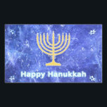 Hanukkah Snowstorm Menorah Sticker<br><div class="desc">A glowing gold Hanukkah menorah and "Happy Hanukkah" in glowing blue and white text superimposed on a blue and white fractal image reminiscent of snowflakes in a storm. Chag Sameach!</div>