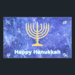Hanukkah Snowstorm Menorah Sticker<br><div class="desc">A glowing gold Hanukkah menorah and "Happy Hanukkah" in glowing blue and white text superimposed on a blue and white fractal image reminiscent of snowflakes in a storm. Chag Sameach!</div>