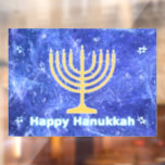 Hanukkah Snowstorm Menorah Window Cling<br><div class="desc">A glowing gold Hanukkah menorah and text reading "Happy Hanukkah" in glowing blue and white superimposed on a blue and white fractal image reminiscent of snowflakes in a storm. Chag Sameach!</div>