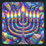 Hanukkah square sticker<br><div class="desc">AI generated Hanukkah design that is festive and colourful
Celebrate Hanukkah in a whirl of colours and lights, where a menorah's glow meets the playful dance of dreidels, all set in a universe of psychedelic wonder. 🌈🕎✨</div>