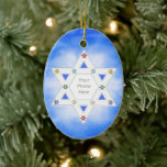 Hanukkah Star and Snowflakes Blue for Photo Ceramic Ornament<br><div class="desc">A festive Hanukkah photo ornament with my design of the Star of David for the photo frame and little colourful snowflakes on a wispy blue background.</div>
