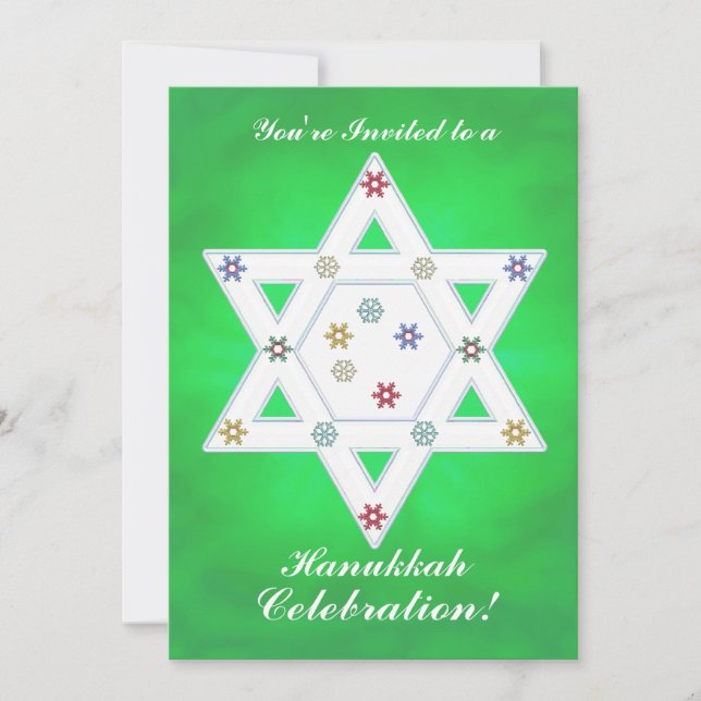Hanukkah Star and Snowflakes Celebration Green Invitation (Front)
