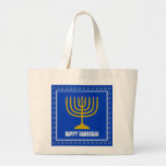 HANUKKAH Star David Menorah Personalized BLUE Large Tote Bag<br><div class="desc">Stylish tote bag with gold coloured menorah and silver coloured Star of David on a BLUE background (blue to match the Israeli flag). The greeting HAPPY HANUKKAH is customizable so you can add your name or change the greeting. Other matching items are available in the HANUKKAH Collection by Berean Designs,...</div>