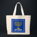 HANUKKAH Star David Menorah Personalized BLUE Large Tote Bag<br><div class="desc">Stylish tote bag with gold coloured menorah and silver coloured Star of David on a BLUE background (blue to match the Israeli flag). The greeting HAPPY HANUKKAH is customizable so you can add your name or change the greeting. Other matching items are available in the HANUKKAH Collection by Berean Designs,...</div>