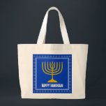 HANUKKAH Star David Menorah Personalized BLUE Large Tote Bag<br><div class="desc">Stylish tote bag with gold coloured menorah and silver coloured Star of David on a BLUE background (blue to match the Israeli flag). The greeting HAPPY HANUKKAH is customizable so you can add your name or change the greeting. Other matching items are available in the HANUKKAH Collection by Berean Designs,...</div>
