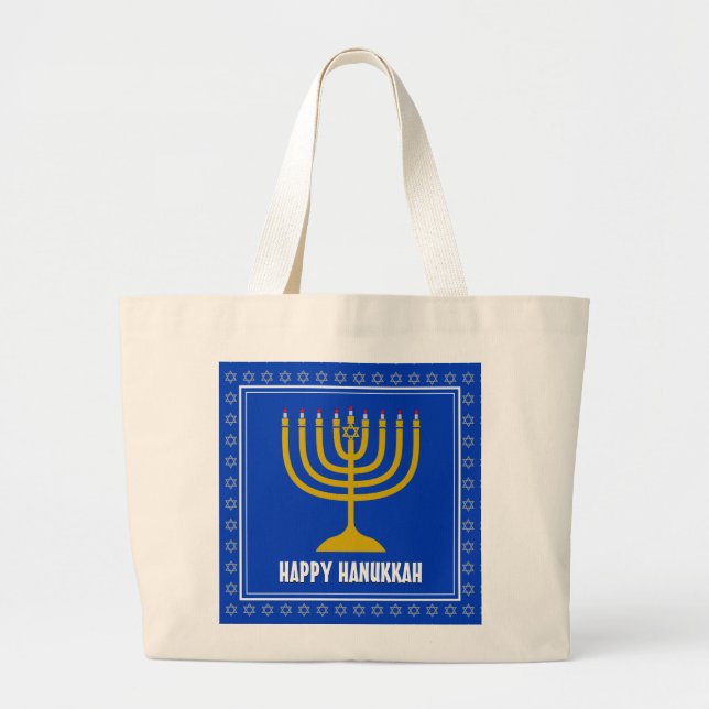 HANUKKAH Star David Menorah Personalized BLUE Large Tote Bag (Front)