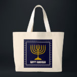HANUKKAH Star David Menorah Personalized DARK BLUE Large Tote Bag<br><div class="desc">Stylish tote bag with gold coloured menorah and silver coloured Star of David on a DARK BLUE background. The greeting HAPPY HANUKKAH is customizable so you can add your name or change the greeting. Other matching items are available in the HANUKKAH Collection by Berean Designs, so you can create some...</div>
