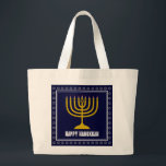 HANUKKAH Star David Menorah Personalized DARK BLUE Large Tote Bag<br><div class="desc">Stylish tote bag with gold coloured menorah and silver coloured Star of David on a DARK BLUE background. The greeting HAPPY HANUKKAH is customizable so you can add your name or change the greeting. Other matching items are available in the HANUKKAH Collection by Berean Designs, so you can create some...</div>