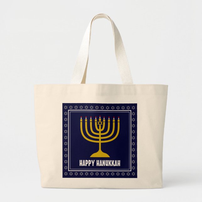 HANUKKAH Star David Menorah Personalized DARK BLUE Large Tote Bag (Front)