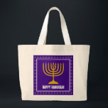HANUKKAH Star David Menorah Personalized Purple Large Tote Bag<br><div class="desc">Stylish tote bag with gold coloured menorah and silver coloured Star of David on a royal rich PURPLE background. The greeting HAPPY HANUKKAH is customizable so you can add your name or change the greeting. Other matching items are available in the HANUKKAH Collection by Berean Designs, so you can create...</div>