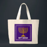 HANUKKAH Star David Menorah Personalized Purple Large Tote Bag<br><div class="desc">Stylish tote bag with gold coloured menorah and silver coloured Star of David on a royal rich PURPLE background. The greeting HAPPY HANUKKAH is customizable so you can add your name or change the greeting. Other matching items are available in the HANUKKAH Collection by Berean Designs, so you can create...</div>