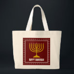 HANUKKAH Star David Menorah Personalized WINE RED Large Tote Bag<br><div class="desc">Stylish tote bag with gold coloured menorah and silver coloured Star of David on a BURGUNDY WINE RED background. The greeting HAPPY HANUKKAH is customizable so you can add your name or change the greeting. Other matching items are available in the HANUKKAH Collection by Berean Designs, so you can create...</div>