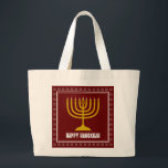 HANUKKAH Star David Menorah Personalized WINE RED Large Tote Bag<br><div class="desc">Stylish tote bag with gold coloured menorah and silver coloured Star of David on a BURGUNDY WINE RED background. The greeting HAPPY HANUKKAH is customizable so you can add your name or change the greeting. Other matching items are available in the HANUKKAH Collection by Berean Designs, so you can create...</div>