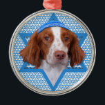 Hanukkah Star of David - Brittany - Charlie Metal Ornament<br><div class="desc">What could make saying Happy Hanukkah more fun than having this Brittany Spaniel Dog wearing a Yamaka surrounded by the Star of David. This whimsical holiday design will be sure to delight your friends and family as well as other animal lovers. This design is available in over 100 Dog Breeds....</div>