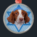 Hanukkah Star of David - Brittany - Charlie Metal Ornament<br><div class="desc">What could make saying Happy Hanukkah more fun than having this Brittany Spaniel Dog wearing a Yamaka surrounded by the Star of David. This whimsical holiday design will be sure to delight your friends and family as well as other animal lovers. This design is available in over 100 Dog Breeds....</div>