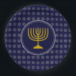 HANUKKAH Star of David Menorah Blue Silver Paper Plate<br><div class="desc">Celebrate your faith loud and proud during the HANUKKAH season with this stylish blue and silver grey party plate. The design shows a gold coloured menorah at the centre, set against a silver grey Star of David pattern with midnight blue background.This plate is suitable for any Jewish-themed event, whether planned...</div>