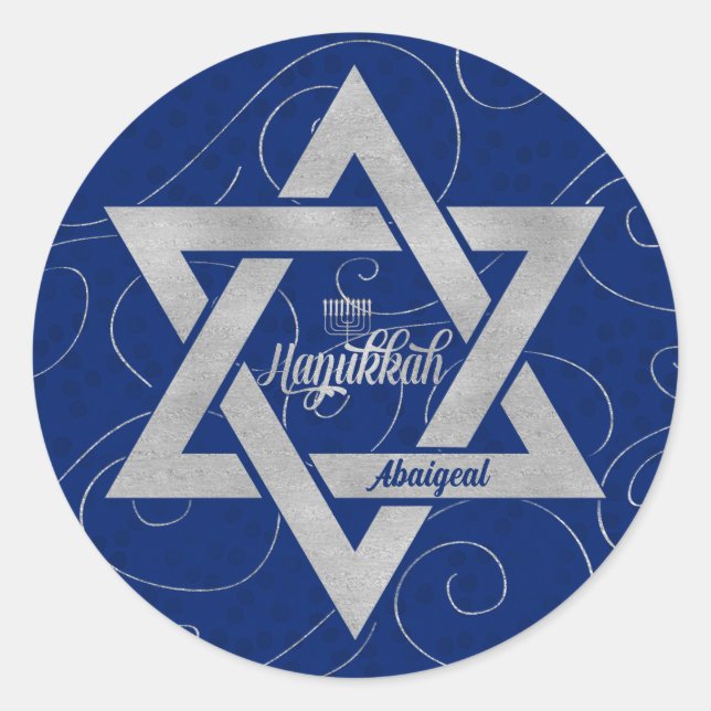 Hanukkah Star of David with Blue with Name Classic Round Sticker (Front)