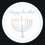 Hanukkah Sticker | Menorah | Round<br><div class="desc">Adorn your gifts and envelopes with this sticker embellished with a watercolor menorah created by Night Sky Paperie.
Cursive "Happy Hanukkah" message in the top centre

Size: 1.5 in or 3 in
Finish: Matte
Shape: Round</div>