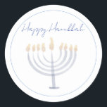 Hanukkah Sticker | Menorah | Round<br><div class="desc">Adorn your gifts and envelopes with this sticker embellished with a watercolor menorah created by Night Sky Paperie.
Cursive "Happy Hanukkah" message in the top centre

Size: 1.5 in or 3 in
Finish: Matte
Shape: Round</div>