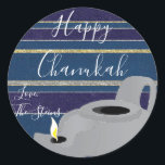 Hanukkah Stickers (1 1/2"/3")"Oil Lamp Gold/Silver<br><div class="desc">Hanukkah/Holiday stickers, personalize. "Oil Lamp Gold/Silver" Choose from 1 1/2" and 3" stickers. Personalize by deleting and replacing text with your own message. Choose your favourite font size, style, and colour. Thanks for stopping and shopping by! Your business is very much appreciated! Happy Hanukkah! Shape: Classic Round Sticker Make your...</div>
