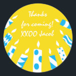 Hanukkah Stickers (1 1/2" or 3") Yel/Blue Candles<br><div class="desc">Personalize by changing font size, style, colour and wording. So many uses: To and From gift stickers, Thank You stickers on treat bags, Cake Toppers (stick on heavy cardstock, cut out sticker, tape toothpick on back of cardstock), or how about Gift Tags (stick on heavy cardstock, cut out sticker, punch...</div>