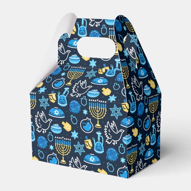 Hanukkah Symbols Blue Pattern Favor Box (Front Side)