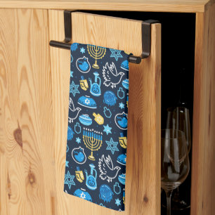 Hanukkah Symbols Blue Pattern Kitchen Towel