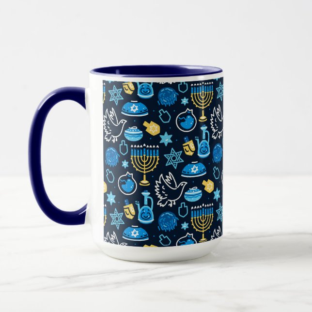 Hanukkah Symbols Blue Pattern Mug (Left)