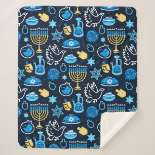 Hanukkah Symbols Blue Pattern Sherpa Blanket