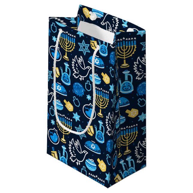 Hanukkah Symbols Blue Pattern Small Gift Bag (Front Angled)