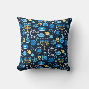Hanukkah Symbols Blue Pattern Throw Pillow
