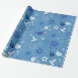 Hanukkah Symbols Wrapping Paper<br><div class="desc">This design features Hanukkah symbols such as Menorah, Stars, birds in a blue background. It is perfect for Jewish for the Hanukkah celebration.</div>