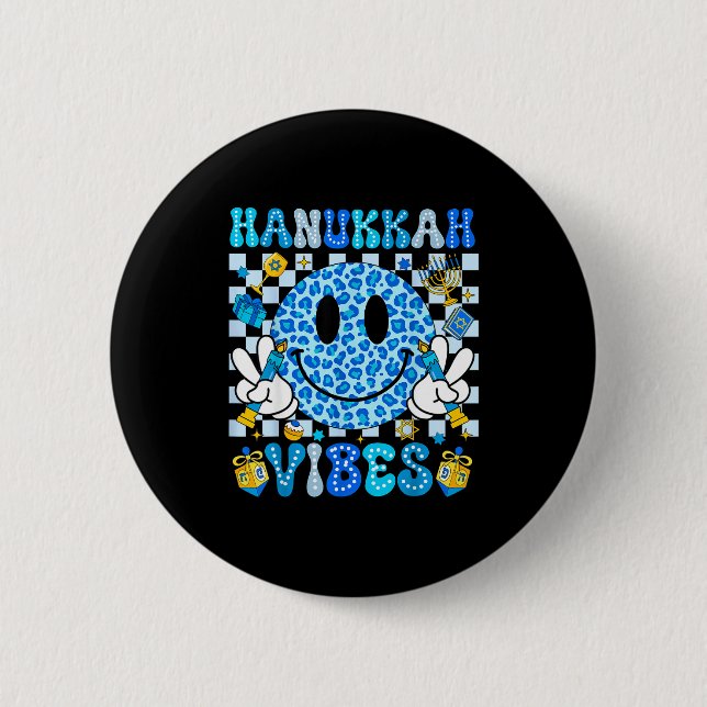 Hanukkah Vibes Groovy Smile Face Jewish Holiday Ch 2 Inch Round Button (Front)